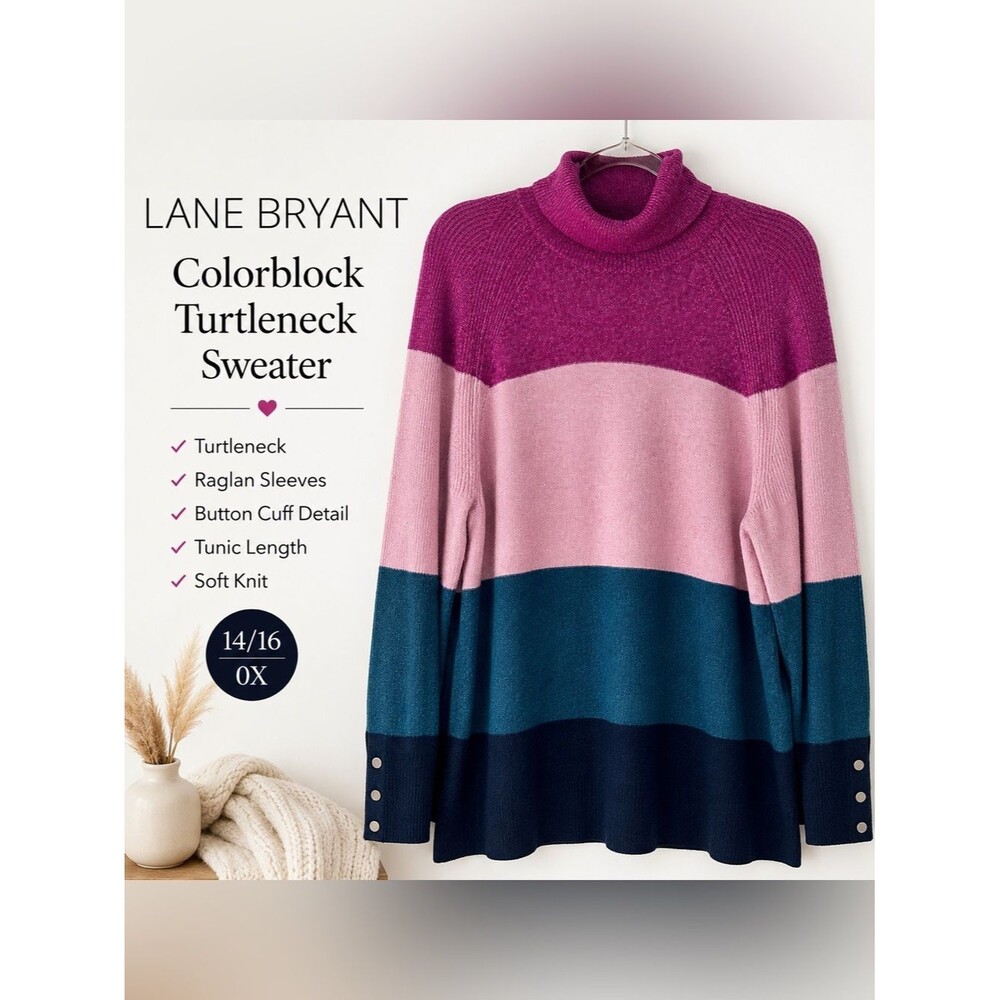 Lane Bryant Colorblock Turtleneck Sweater 14/16 Pink Teal Navy Tunic Plus Size